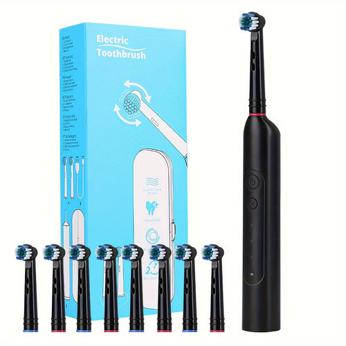 IPX7 Waterproof Electric Toothbrush with 8 Brush Heads & Travel Case – 3 Rotating Cleaning Modes, USB Type-C Fast Charge, Shower-Safe Sonic Toothbrush for Adults, Black & White
