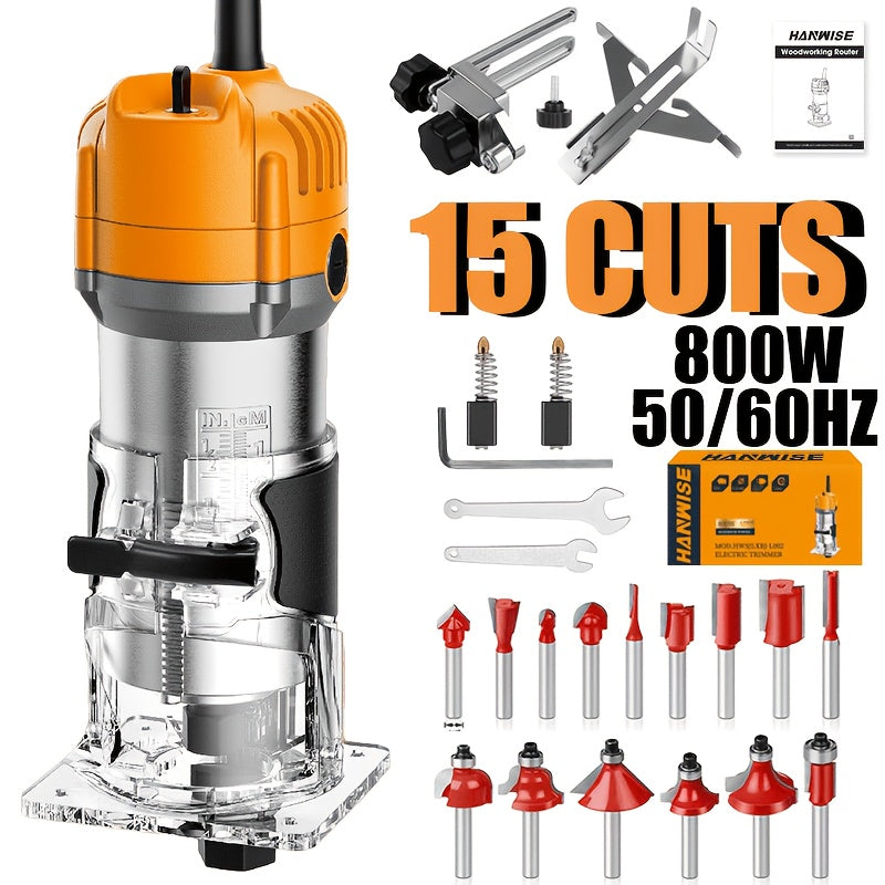 HANWISE Wood Router, 6.1Amp 800W Wood Routers For Woodworking, Hand Wood Router Tool, 35000R/MIN Compact Edge Trimmer With 15 1/4" Router Bit Set Slotting And Carving, Guide Accessories And Wrenches, Suitable For, Carving And Edge Treatment