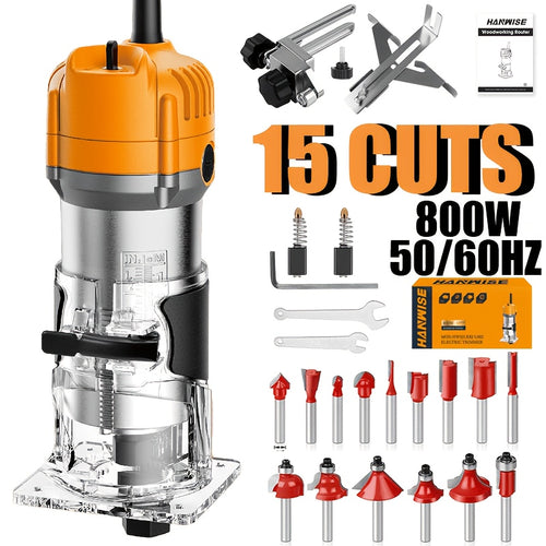 HANWISE Wood Router, 6.1Amp 800W Wood Routers For Woodworking, Hand Wood Router Tool, 35000R/MIN Compact Edge Trimmer With 15 1/4" Router Bit Set Slotting And Carving, Guide Accessories And Wrenches, Suitable For, Carving And Edge Treatment