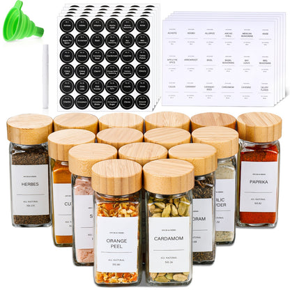 15/24/36pcs Glass Food Dispensing Jars - 4oz, with Bamboo Lids, Labeled Glass Jars with Collapsible Funnels, Spice Racks, Cupboards, And Drawers for Seasoning Dispensing Storage Bottles, Food Dispensers