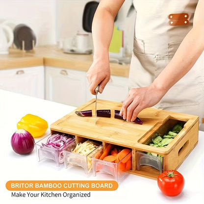 Bamboo Cutting Board with Food Container Storage Box | Food Drop Area Carving Board Cheese Shredder Juice Tank & Storage Box for Vegetables Cheese and Meat Carving Board with Easy Handgrip Cutting Board with Drawers