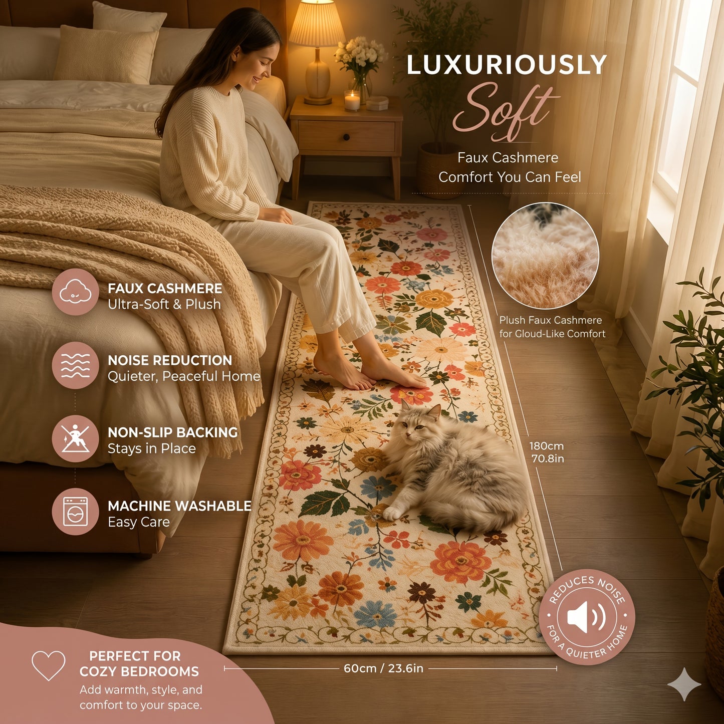 1pc Premium Soft Plush Floral Bedroom Runner Rug, Soft Machine Washable Kitchen Mat - Non-Slip Indoor Doormat for Entryway, Laundry, Bathroom, Kitchen & Living Room - Easy Clean & Hand Washable - Home Decor Mat