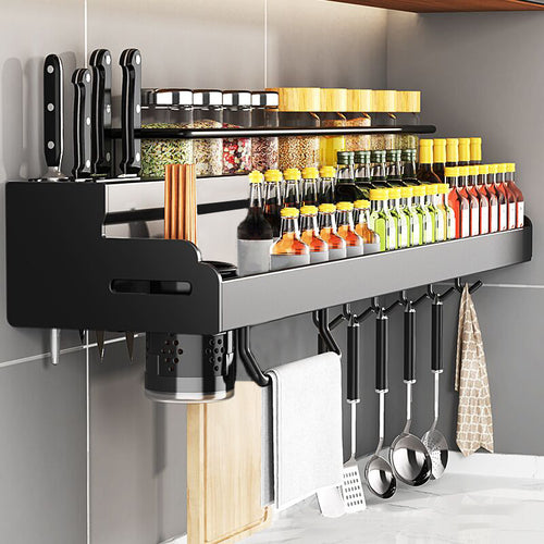 Space-Saving Kitchen Organizer - Double-Layer Wall-Mounted Storage Rack with Knife Slots, Chopstick Holder & Towel Bar, No-Drill Installation, Black, Floating Shelves, Utility Racks