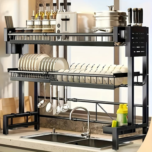 1pc Countertop Dish Storage Drainage Rack Expandable Kitchen Sink Shelf Dish Rack Drainer Black Kitchen Organizer