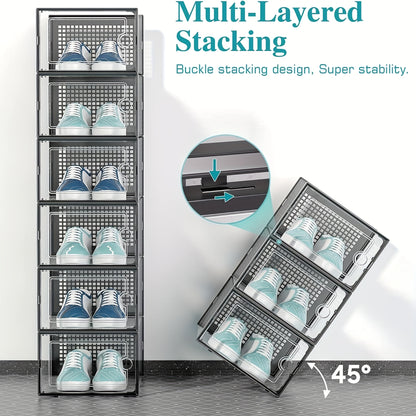 6/12/24pcs Shoe Boxes Thickened Transparent with Lid, Foldable Stackable Free Combination Shoe Rack, Plastic Sneaker Container, Space Saving Storage Organizer for Entryway, Bedroom, Home, Dorm, Ramadan Decor