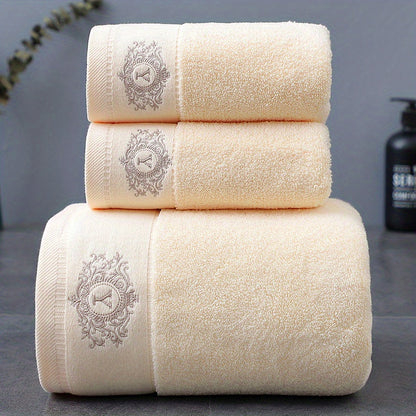 Luxurious 3pcs Cotton Towel Set with Embroidery - Soft, Absorbent & Lint-Free Bath Towels for Men and Women - Perfect for Home, Spa, Salon Use