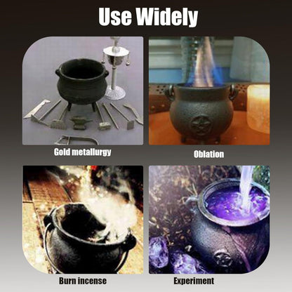 Cast Iron Cauldron with Lid & Handle – Witchcraft Incense Burner, Spell Ritual Pot, Halloween Decor, Pentagram & Triple Moon Styles, Pagan Altar Cauldron