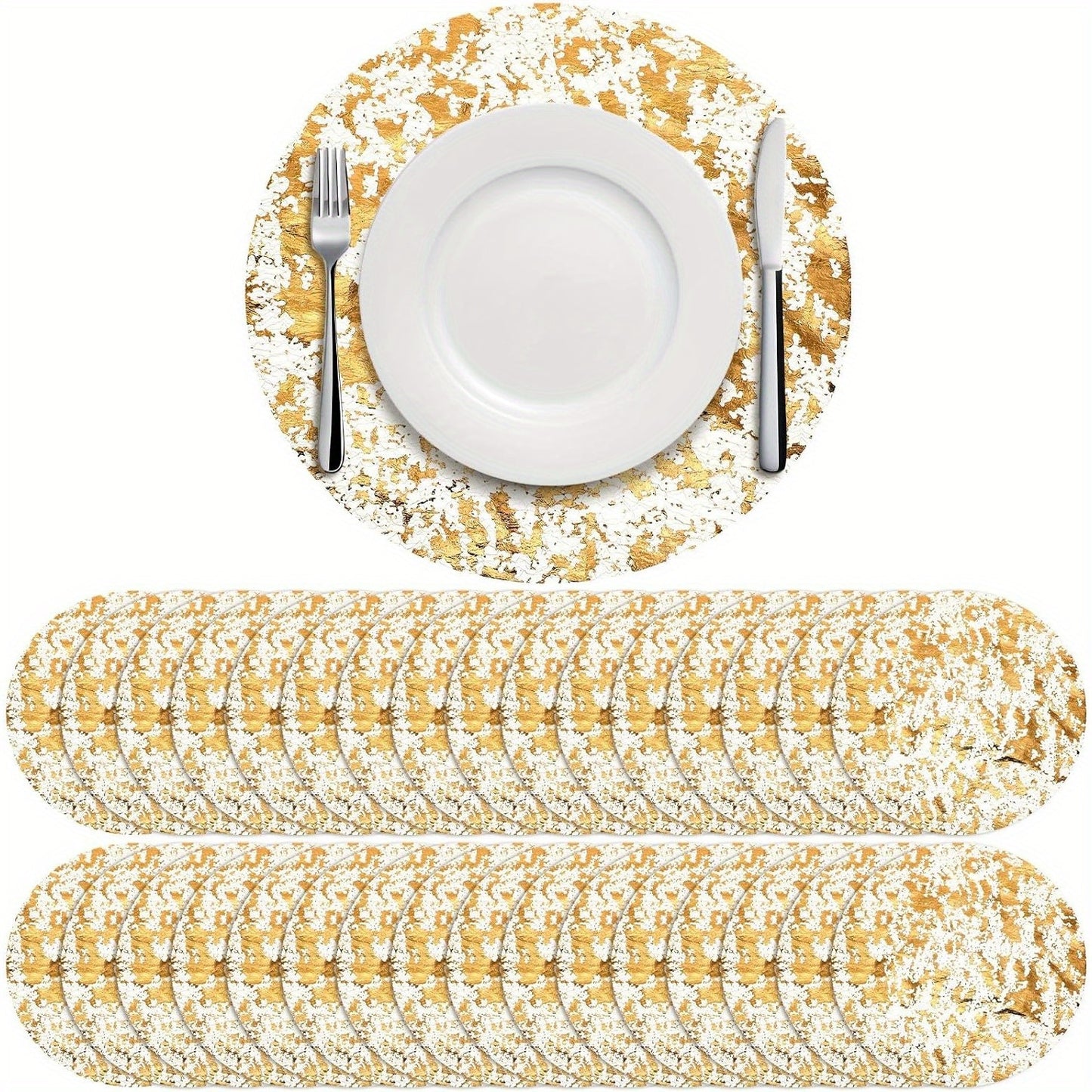 50/100pcs, Disposable Golden Placemats Set, Round Golden Foil Mesh Pressed Table Doilies, Thin Mesh Table Pad for Home, Room Decoration, Dining Table Decor
