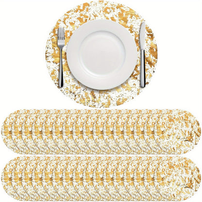 50/100pcs, Disposable Golden Placemats Set, Round Golden Foil Mesh Pressed Table Doilies, Thin Mesh Table Pad for Home, Room Decoration, Dining Table Decor