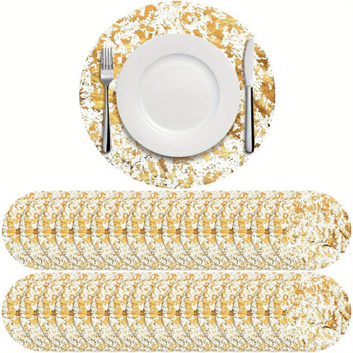 50/100pcs, Disposable Golden Placemats Set, Round Golden Foil Mesh Pressed Table Doilies, Thin Mesh Table Pad for Home, Room Decoration, Dining Table Decor