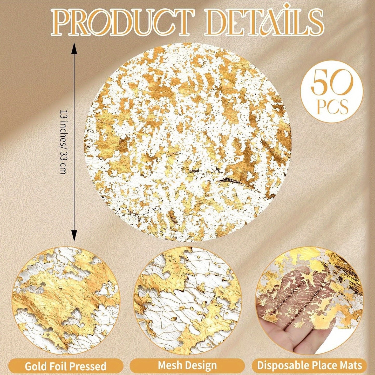 50/100pcs, Disposable Golden Placemats Set, Round Golden Foil Mesh Pressed Table Doilies, Thin Mesh Table Pad for Home, Room Decoration, Dining Table Decor