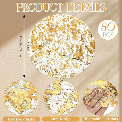 50/100pcs, Disposable Golden Placemats Set, Round Golden Foil Mesh Pressed Table Doilies, Thin Mesh Table Pad for Home, Room Decoration, Dining Table Decor