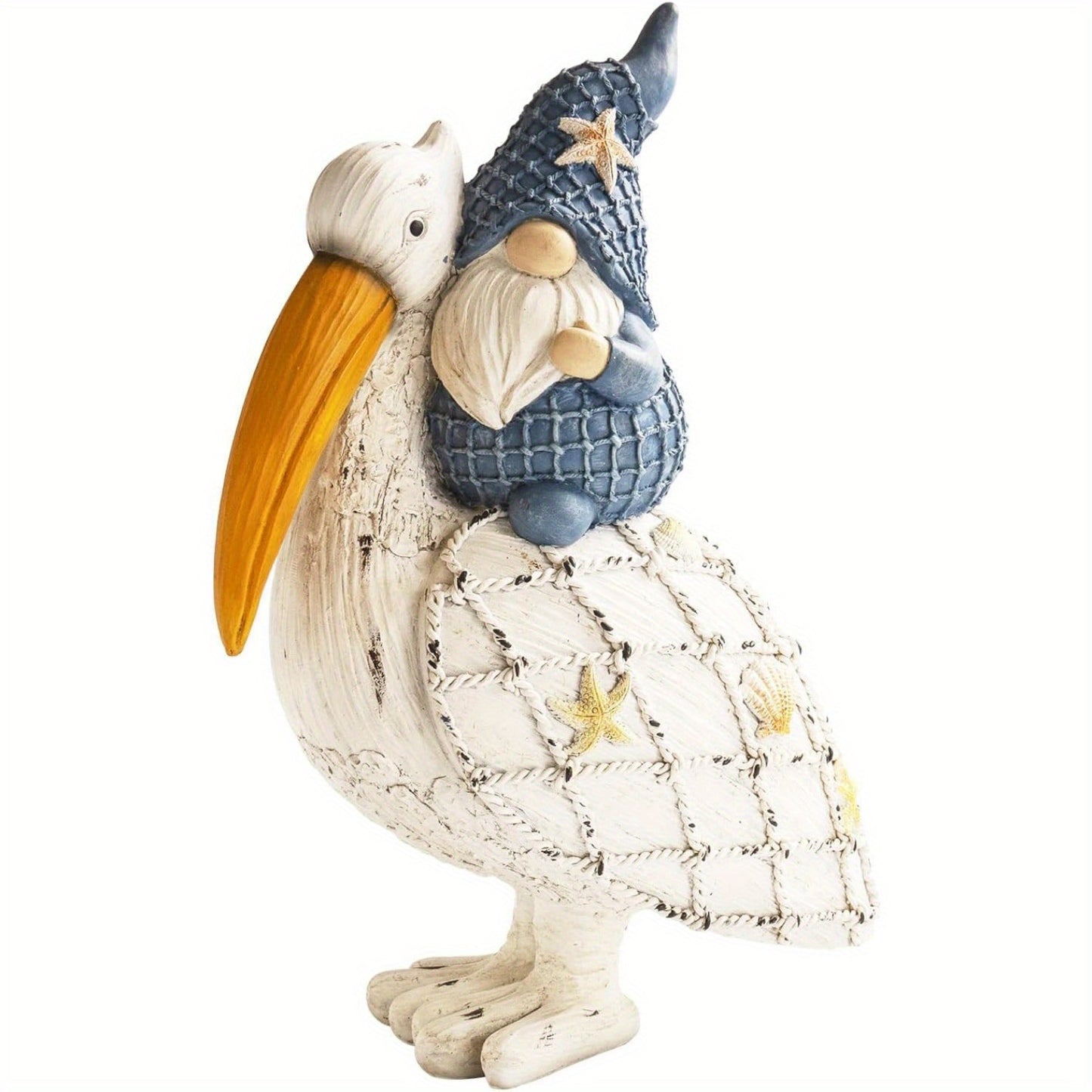 Charming Pelican Gnome Figurine - 11.5" Resin Coastal Decor with Starfish & Seashell, Beach-Themed Tabletop Statue for Home, Garden, or Poolside, Perfect Summer Gift, Gnome Decor
