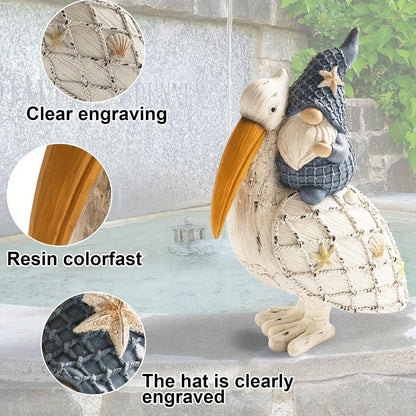 Charming Pelican Gnome Figurine - 11.5" Resin Coastal Decor with Starfish & Seashell, Beach-Themed Tabletop Statue for Home, Garden, or Poolside, Perfect Summer Gift, Gnome Decor