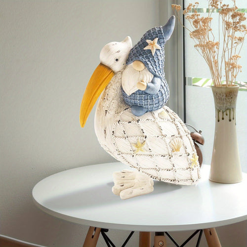 Charming Pelican Gnome Figurine - 11.5" Resin Coastal Decor with Starfish & Seashell, Beach-Themed Tabletop Statue for Home, Garden, or Poolside, Perfect Summer Gift, Gnome Decor
