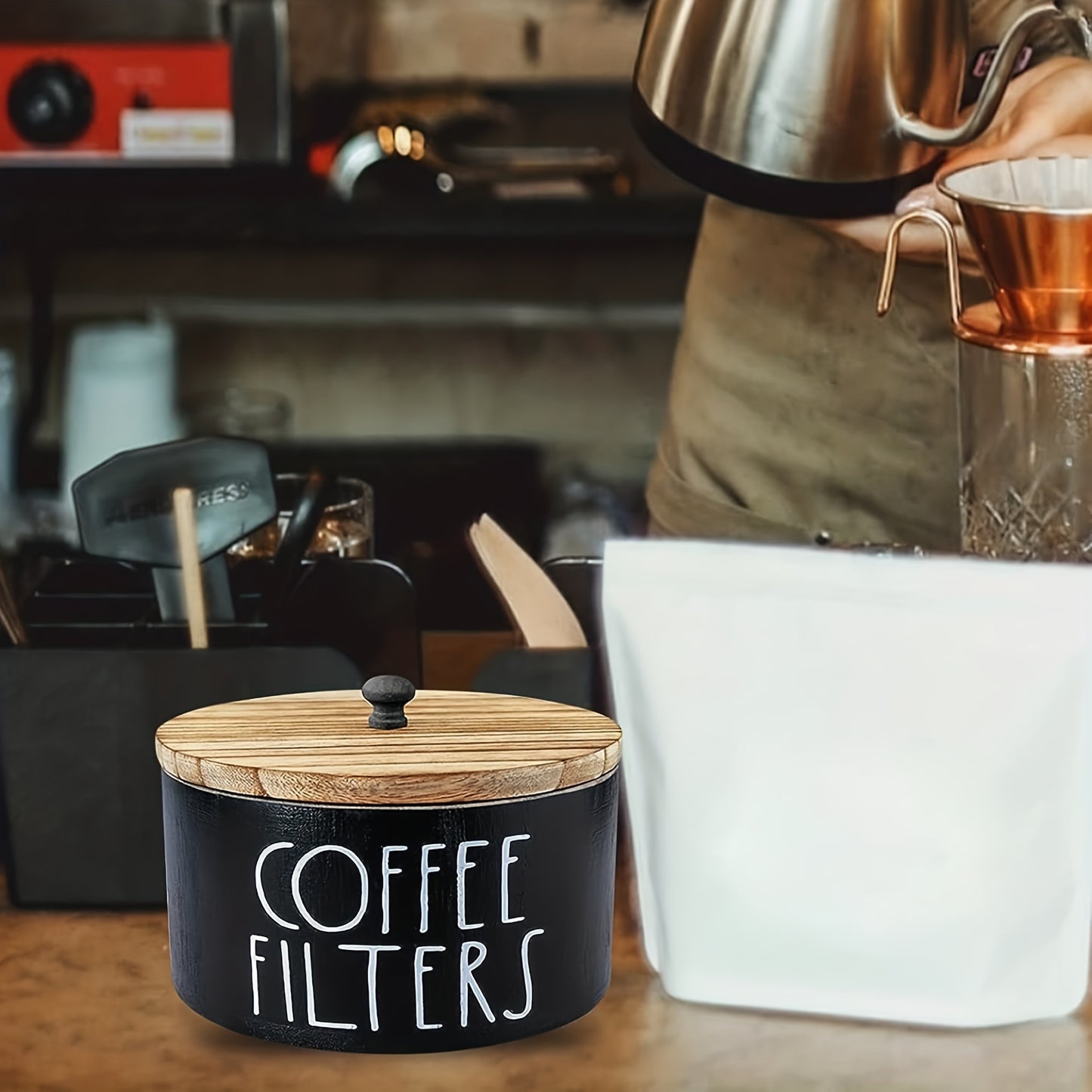 Coffee Filter Holder with Lid Rustic Wooden Storage Box for Coffee Filters and Accessories Farmhouse Style Countertop Organizer Dust-Proof Hardwood Container for Coffee Bar Kitchen Decor