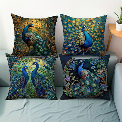 Cushion Covers 18x18 Set of 4 Vintage Peacock Oil Painting Boho Plush Throw Pillow Cases with Zipper Machine Washable for Living Room Bedroom Home Decor