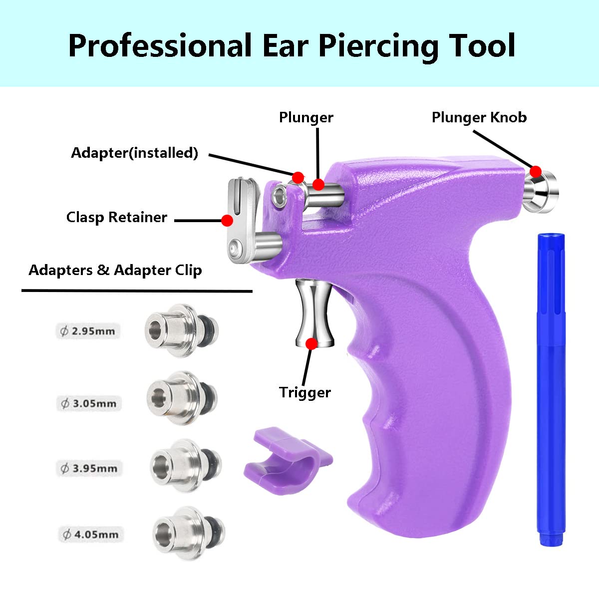 Ear Piercing Gun Kit with 24pcs Stainless Steel Studs – Professional Self Piercing Tool for Ear & Nose with Marking Pen, Safe & Easy to Use for Home & Salon