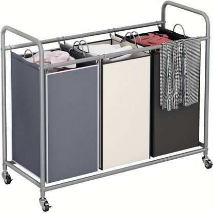Laundry Basket 3-Bag Sorter 63.4gal Laundry Home Decor Hamper Cart With Heavy Duty Rolling Lockable Wheels And Removable Bags Included For Bedroom, Laundry Room - Sturdy Fabric Storage Bin, Laundry Baskets