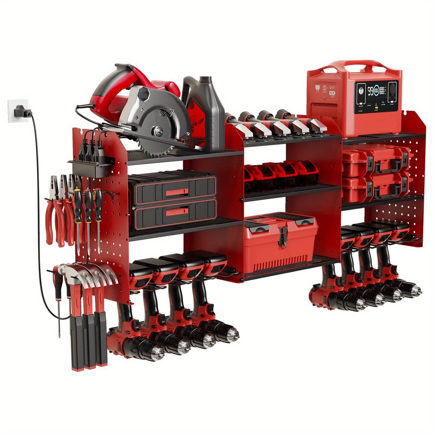 Power Tool Organizer Wall Mount with Charging Station | 3-Layer Cordless Drill Holder Storage Rack 45.5 Inch Heavy Duty – Adjustable Garage Tool Shelf for Workshop & Tool Room
