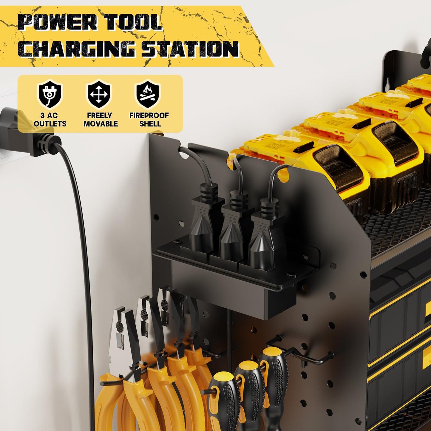 Power Tool Organizer Wall Mount with Charging Station | 3-Layer Cordless Drill Holder Storage Rack 45.5 Inch Heavy Duty – Adjustable Garage Tool Shelf for Workshop & Tool Room