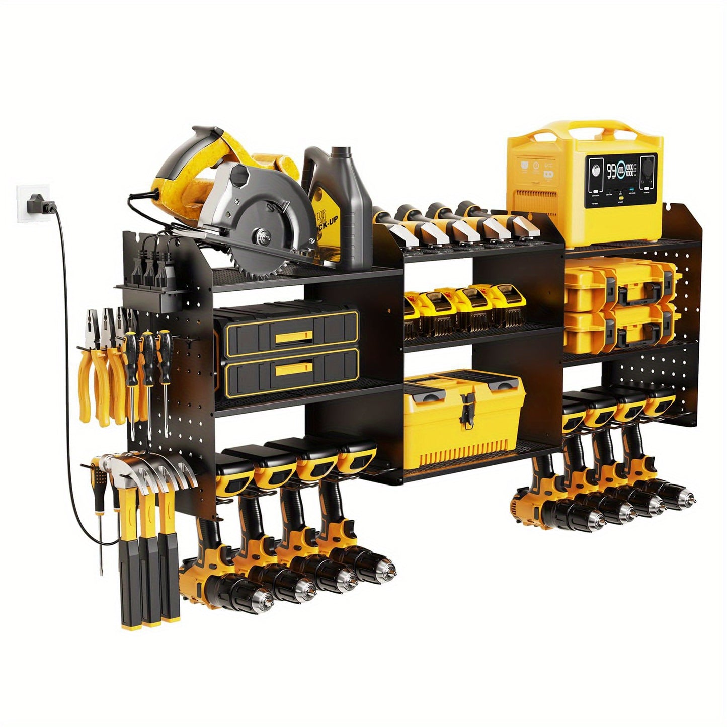 Power Tool Organizer Wall Mount with Charging Station | 3-Layer Cordless Drill Holder Storage Rack 45.5 Inch Heavy Duty – Adjustable Garage Tool Shelf for Workshop & Tool Room