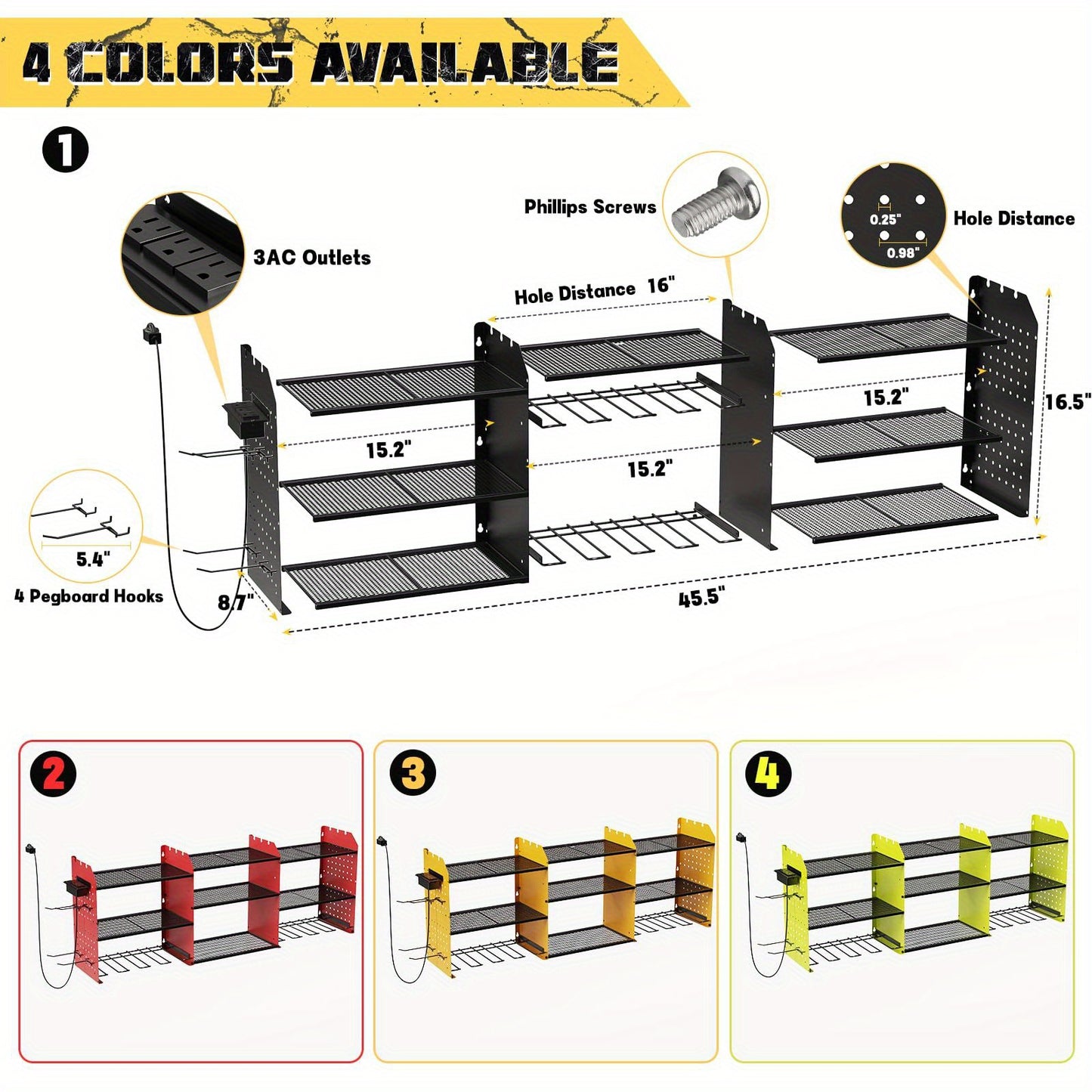 Power Tool Organizer Wall Mount with Charging Station | 3-Layer Cordless Drill Holder Storage Rack 45.5 Inch Heavy Duty – Adjustable Garage Tool Shelf for Workshop & Tool Room