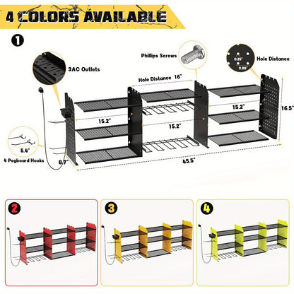 Power Tool Organizer Wall Mount with Charging Station | 3-Layer Cordless Drill Holder Storage Rack 45.5 Inch Heavy Duty – Adjustable Garage Tool Shelf for Workshop & Tool Room