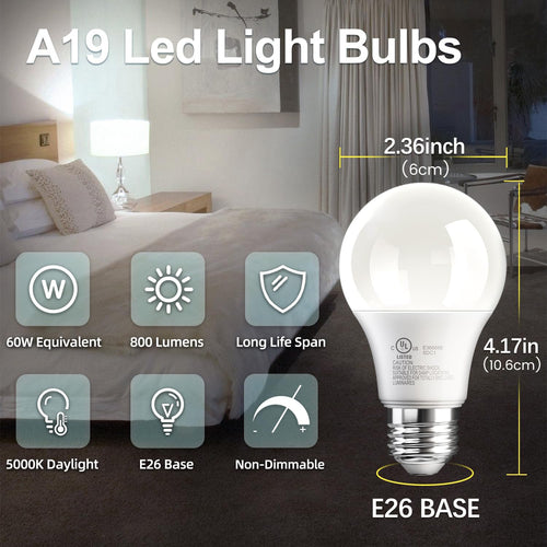 A19 LED Light Bulbs 60 Watt Equivalent, 5000K Daylight White E26 Base, 800 Lumens 9W Energy Efficient Bulb, 80+ CRI 15000 Hours Long Life, Standard LED Bulbs for Bedroom Living Room Office