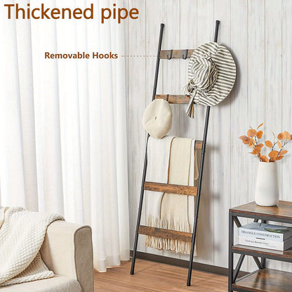 Five-Tier Blanket Ladder with Ten Detachable Hooks, Designed in a Farmhouse Style for Use in Living Rooms Or Bathrooms, Serving As a Decorative Wall-Mounted Wooden Rack for Quilts And Towel Drying