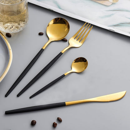 Black Golden Flatware, Royal 24pcs Matte Black Handle 18/10 Stainless Steel Tableware Sets for 6 Including Forks Spoons Knives, Camping Silverware Travel Utensils Set Cutlery (Black Golden)