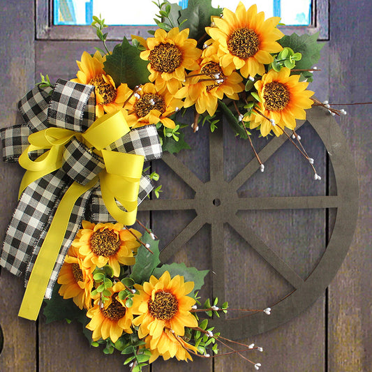 Thanksgiving Sunflower Bow Flower Wreath - Handcrafted Wheel Door Hanging Decoration for Home Decor Room Decor with Natural Look and Easy Installation - Fall Season - For Homeowners & Decor Enthusiasts - Perfect Gift for Thanksgiving