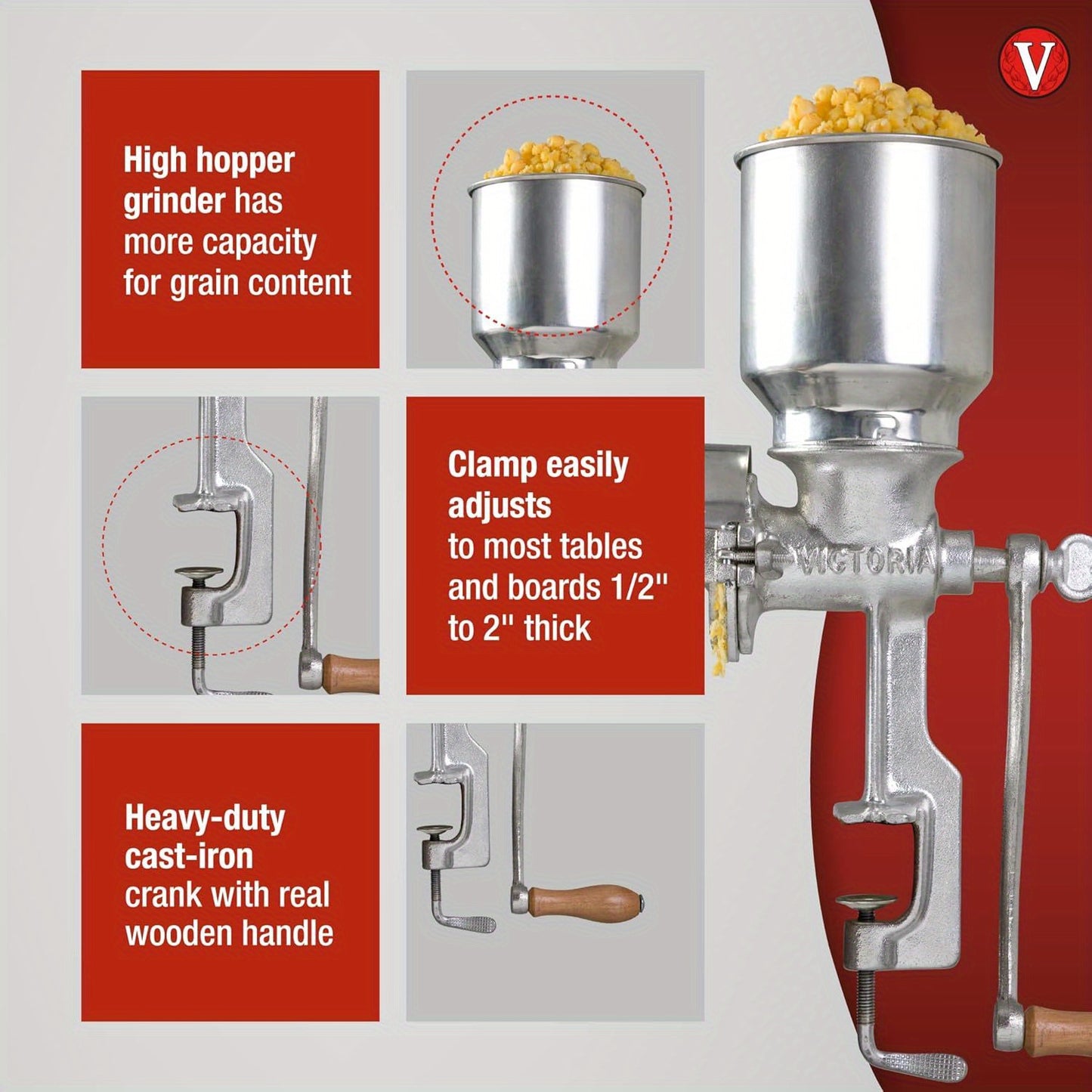Manual High-Hopper Grain Grinder, Made in Colombia, Silver