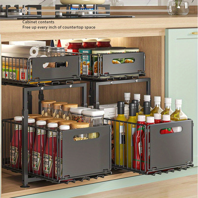 2-Tier Heavy-Duty Slide Out Kitchen Cabinet Organizer Under Sink Organizer Sturdy Metal Bathroom Storage Shelf, Adjustable Space-Saving Design for Kitchen & Bathroom Cabinets(Available In 1-Pack Or 2-Pack)