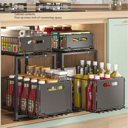 2-Tier Heavy-Duty Slide Out Kitchen Cabinet Organizer Under Sink Organizer Sturdy Metal Bathroom Storage Shelf, Adjustable Space-Saving Design for Kitchen & Bathroom Cabinets(Available In 1-Pack Or 2-Pack)