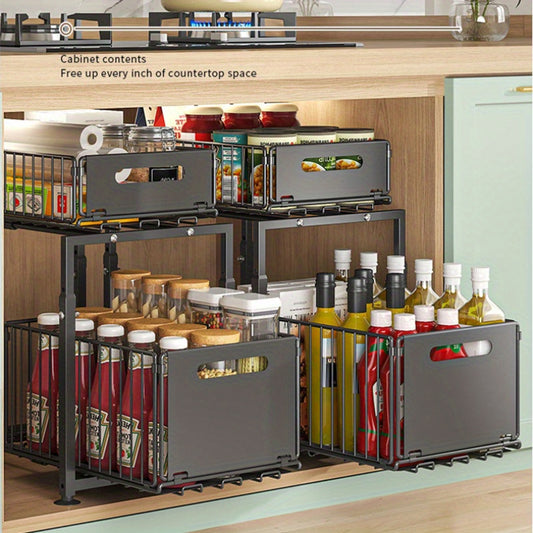 2-Tier Heavy-Duty Slide Out Kitchen Cabinet Organizer Under Sink Organizer Sturdy Metal Bathroom Storage Shelf, Adjustable Space-Saving Design for Kitchen & Bathroom Cabinets(Available In 1-Pack Or 2-Pack)