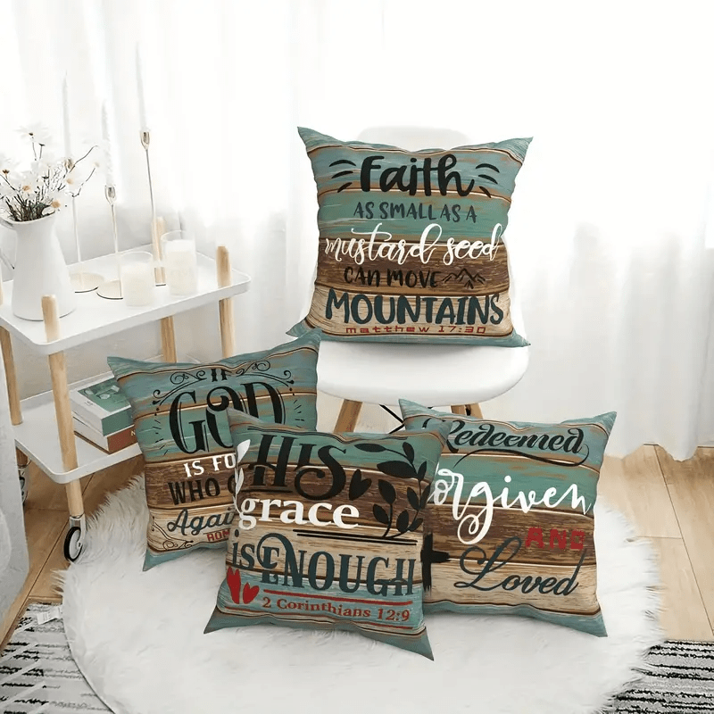 4pcs Decorative Throw Pillow Covers Inspirational Scripture Quotes for Sofa, Living Room, Bedroom, Office And Home Decor, Linen, 18 X 18 Inches, No Pillow Core