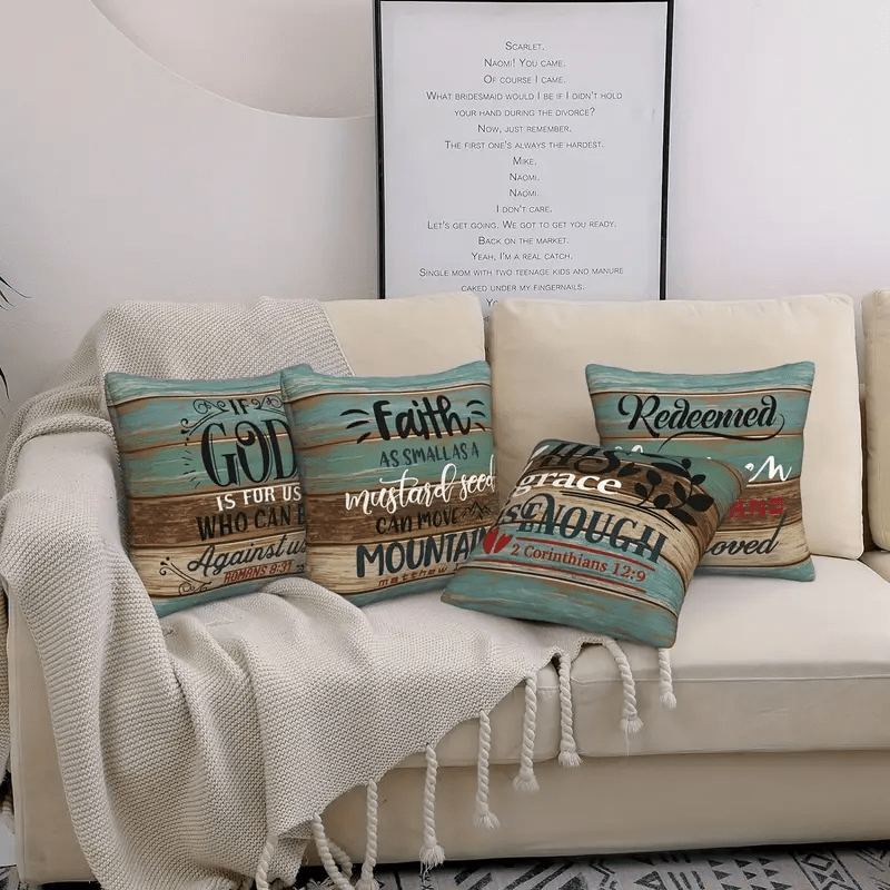 4pcs Decorative Throw Pillow Covers Inspirational Scripture Quotes for Sofa, Living Room, Bedroom, Office And Home Decor, Linen, 18 X 18 Inches, No Pillow Core
