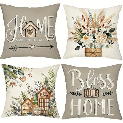 Set of 4 Eucalyptus Leaf Covers - White And Gray Farmhouse Design, 45X45 Cm / 18X18 Inches, Sturdy for Indoor/Outdoor Use, Soft And Chic, Does Not Include Pillow Inserts - Perfect for Sofa And Chair Accents