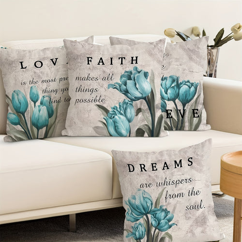 4 PCS Teal Tulip Decorative Throw Pillow Covers - Floral Patio Outdoor Pillow Covers for Sofa Living Room Bed Cushions, Farmhouse Modern Home Decor, 18x18 Inch