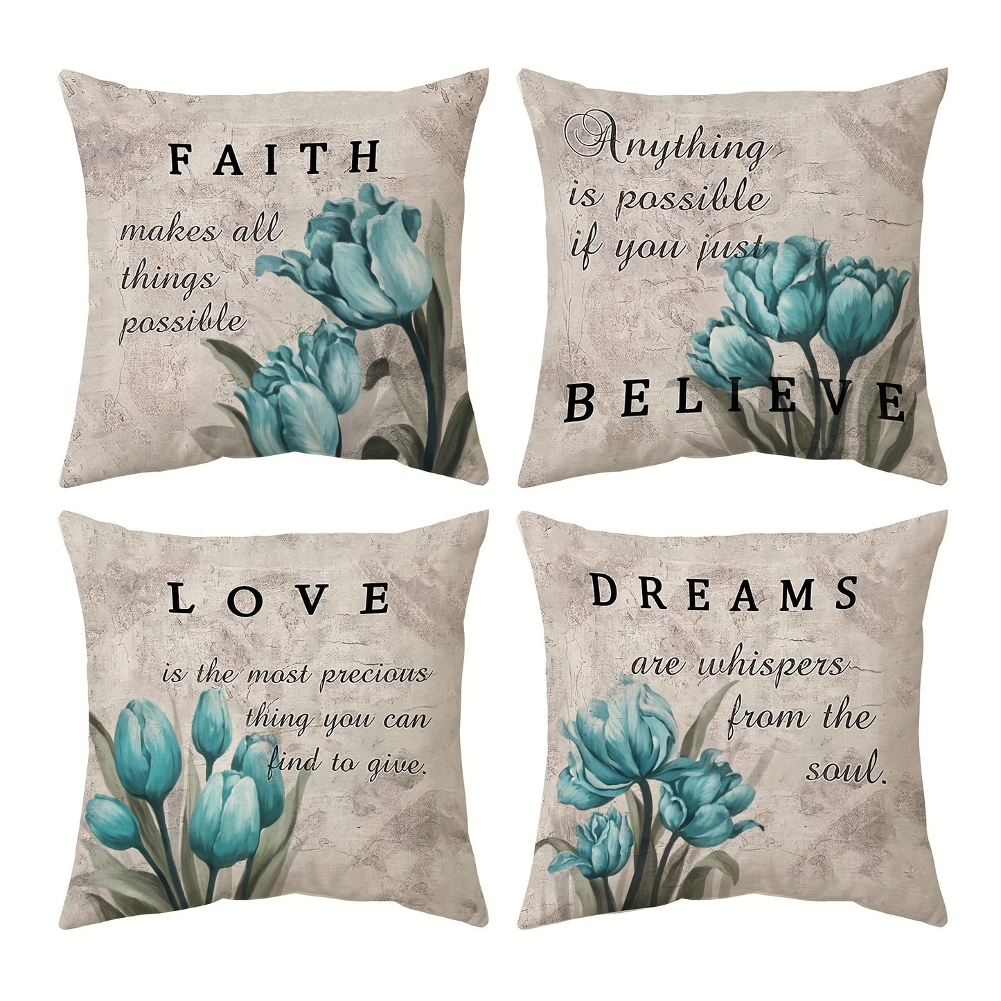 4 PCS Teal Tulip Decorative Throw Pillow Covers - Floral Patio Outdoor Pillow Covers for Sofa Living Room Bed Cushions, Farmhouse Modern Home Decor, 18x18 Inch