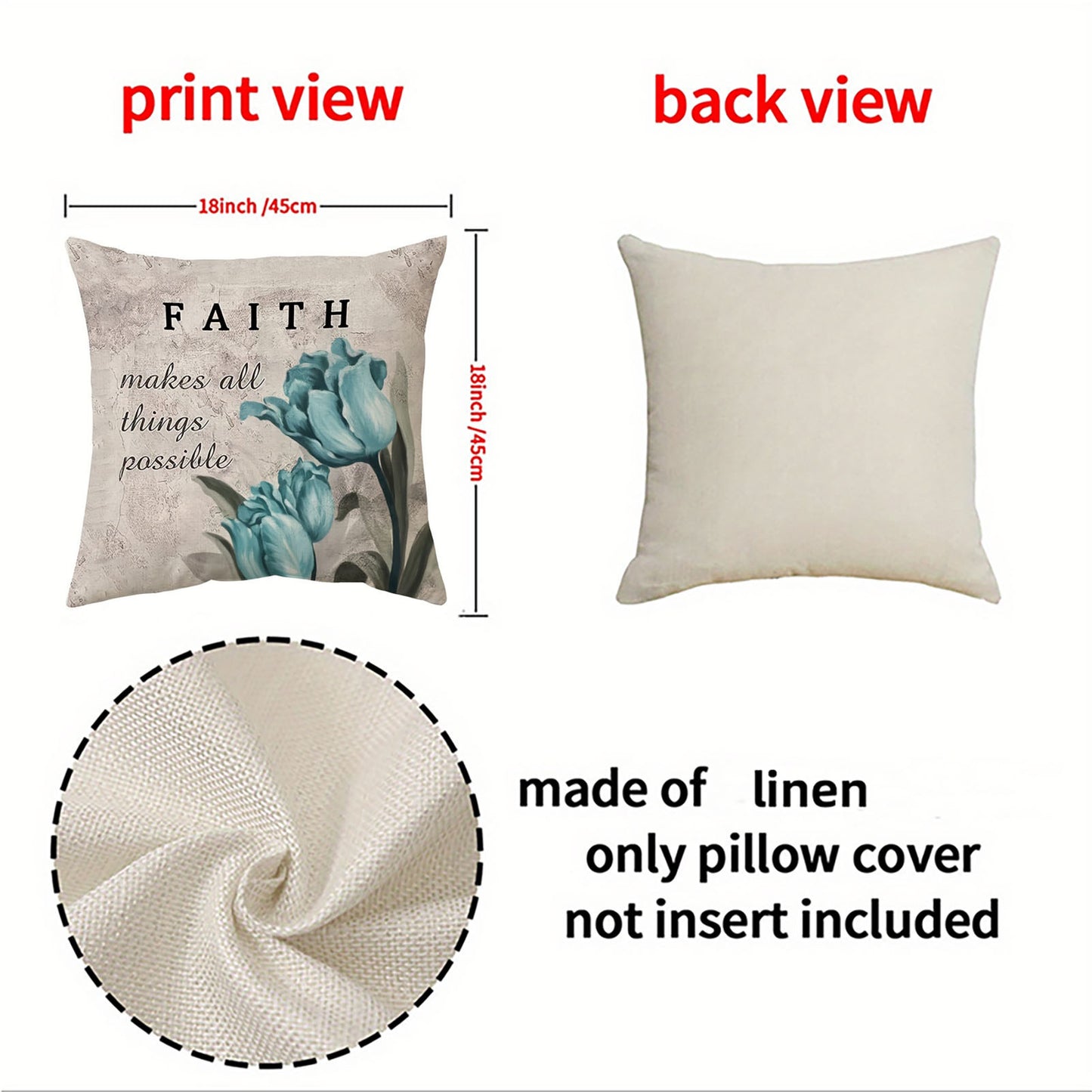 4 PCS Teal Tulip Decorative Throw Pillow Covers - Floral Patio Outdoor Pillow Covers for Sofa Living Room Bed Cushions, Farmhouse Modern Home Decor, 18x18 Inch