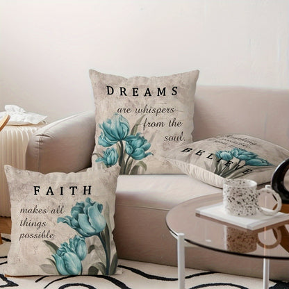4 PCS Teal Tulip Decorative Throw Pillow Covers - Floral Patio Outdoor Pillow Covers for Sofa Living Room Bed Cushions, Farmhouse Modern Home Decor, 18x18 Inch