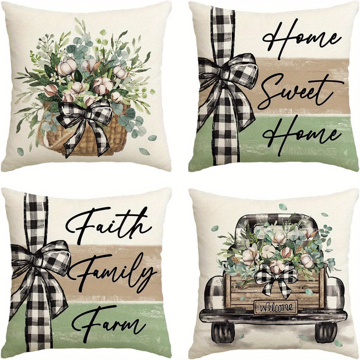 4pcs/ set Rustic Linen Throw Pillow Case, Sweet Home Farmhouse Eucalyptus Leaves Throw Pillow Covers, Botanical Square Cushion Case, Decorative Pillow Cover For Living Room Bedroom Couch Sofa, Home Party Decor Single-Sided Printed, No Pillow Insert