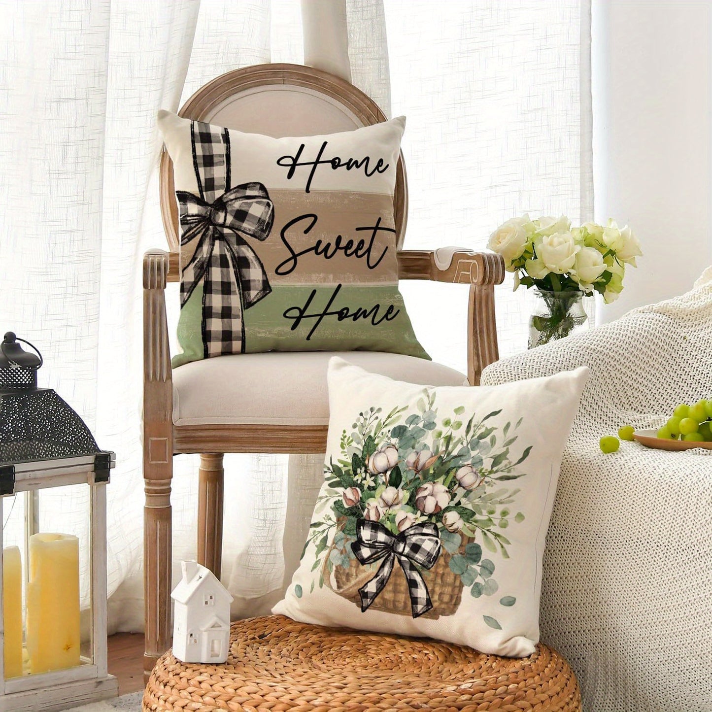 4pcs/ set Rustic Linen Throw Pillow Case, Sweet Home Farmhouse Eucalyptus Leaves Throw Pillow Covers, Botanical Square Cushion Case, Decorative Pillow Cover For Living Room Bedroom Couch Sofa, Home Party Decor Single-Sided Printed, No Pillow Insert