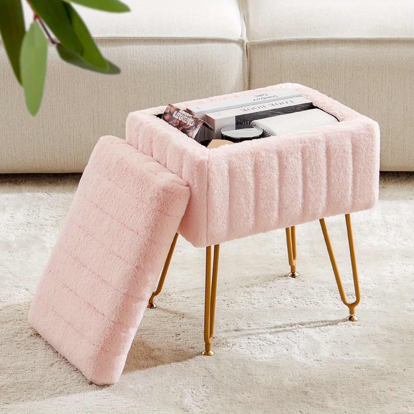Faux Fur Storage Ottoman Stool – Soft Furry Vanity Seat with Storage, 4 Metal Legs & Non-Slip Feet – Cute Modern Multi-Function Chair for Bedroom, Vanity & Living Room
