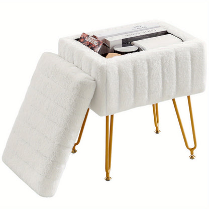 Faux Fur Storage Ottoman Stool – Soft Furry Vanity Seat with Storage, 4 Metal Legs & Non-Slip Feet – Cute Modern Multi-Function Chair for Bedroom, Vanity & Living Room