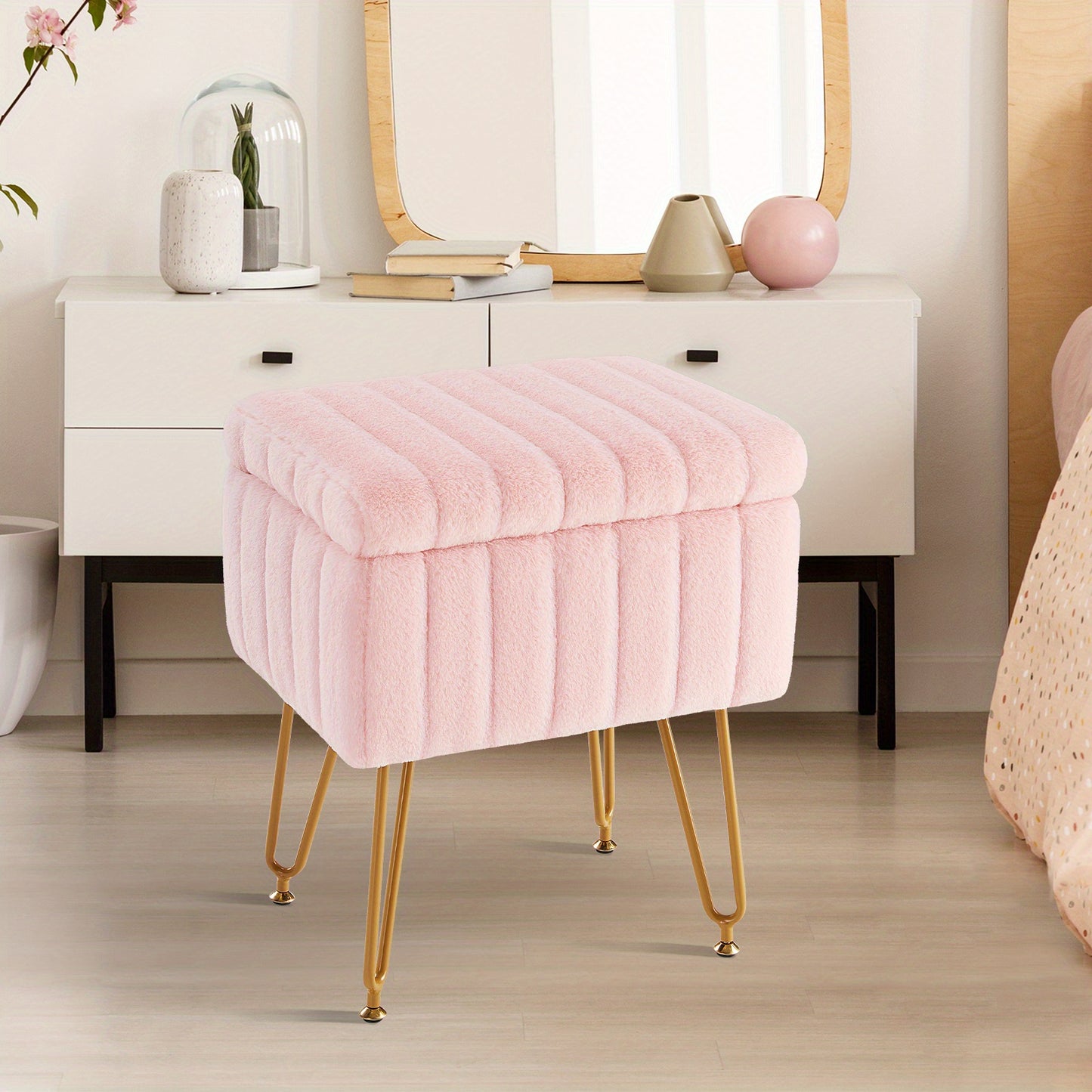 Faux Fur Storage Ottoman Stool – Soft Furry Vanity Seat with Storage, 4 Metal Legs & Non-Slip Feet – Cute Modern Multi-Function Chair for Bedroom, Vanity & Living Room