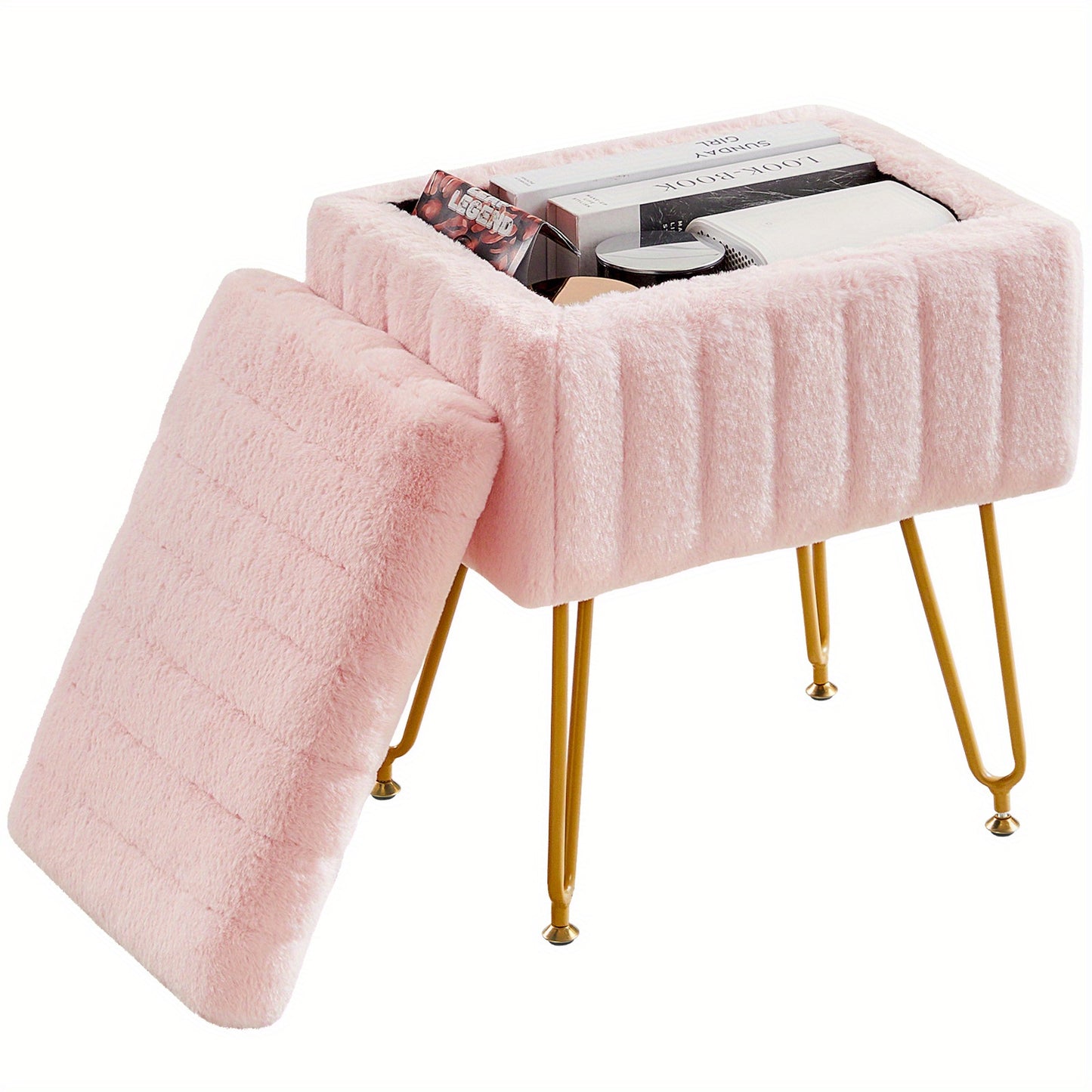Faux Fur Storage Ottoman Stool – Soft Furry Vanity Seat with Storage, 4 Metal Legs & Non-Slip Feet – Cute Modern Multi-Function Chair for Bedroom, Vanity & Living Room