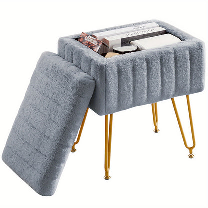 Faux Fur Storage Ottoman Stool – Soft Furry Vanity Seat with Storage, 4 Metal Legs & Non-Slip Feet – Cute Modern Multi-Function Chair for Bedroom, Vanity & Living Room